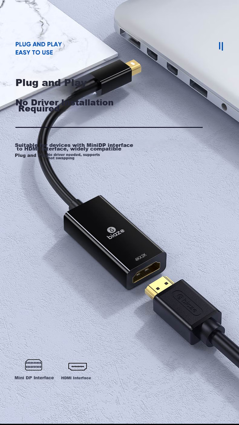 Переходник BIAZE Mini DP на HDMI, Thunderbolt 2 Male to Female, 4K Mini DP HD Адаптер для Apple MacBook, Surface, мониторов, проекторов