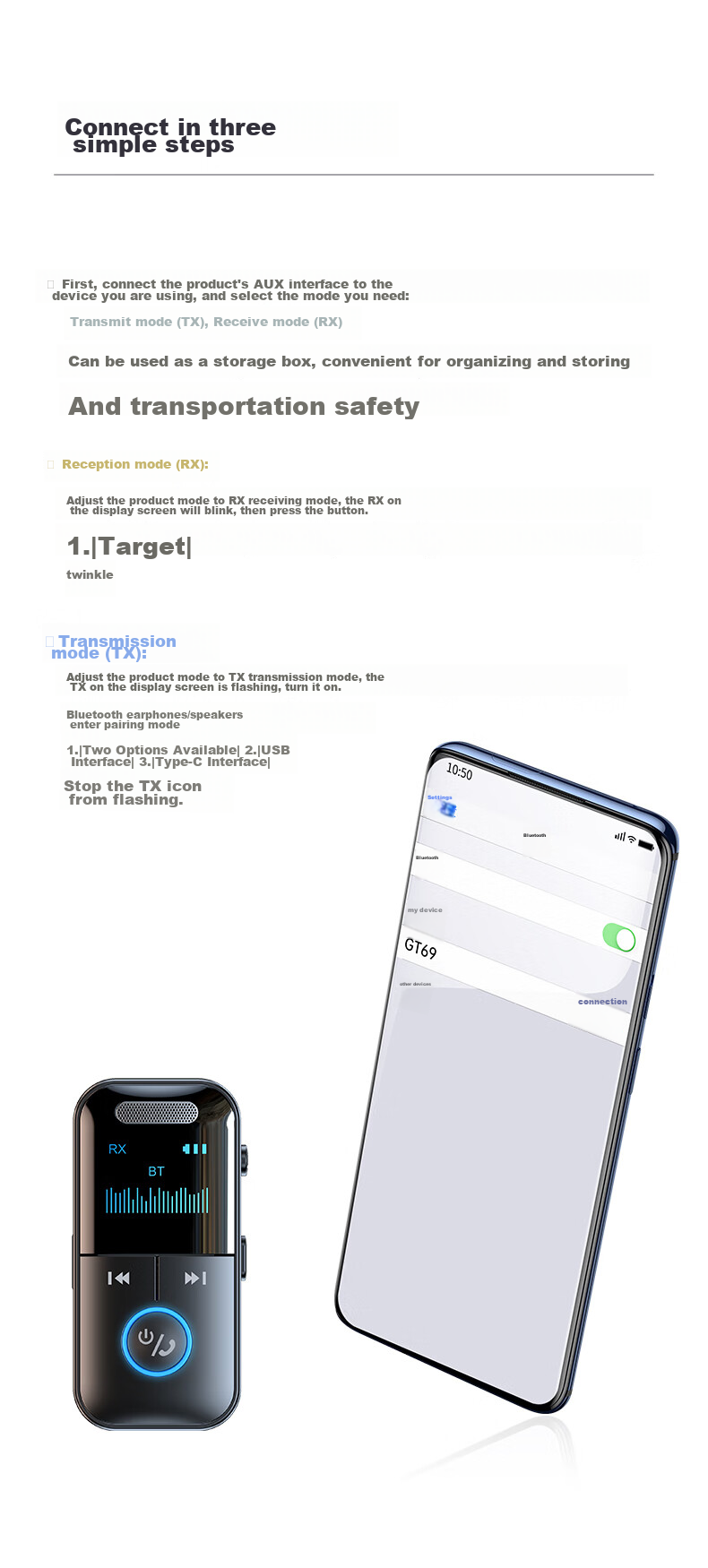 BIAZE Bluetooth 5.4 Аудио Приемник-передатчик, Адаптер для Автомобильных Наушников, Динамиков, Усилителей, Компьютеров, Телевизоров, Беспроводное Преобразование AUX с Hands-Free
