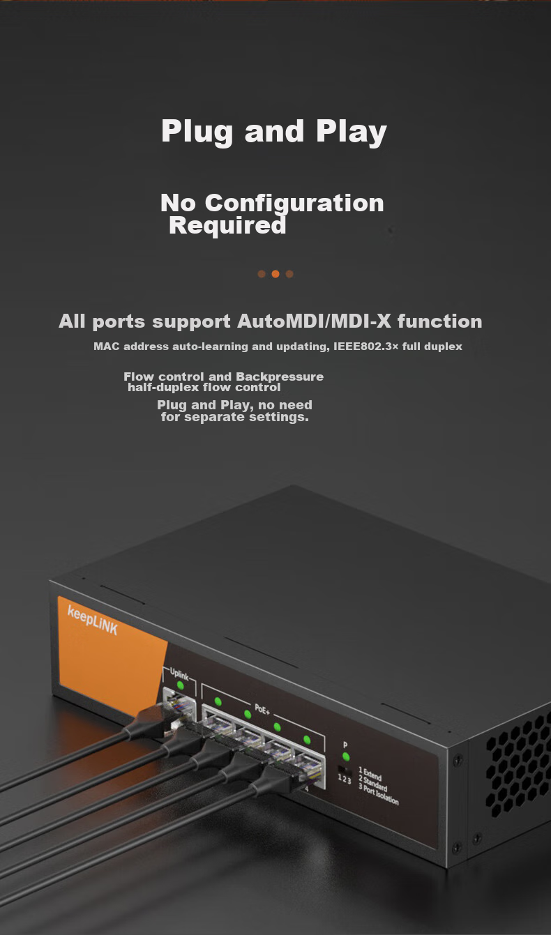 Коммутатор KeepLINK KP-9000 5-портовый 100 Мбит/с с 4 PoE портами, двойным аплинком, интеллектуальным сплиттером мониторинга, разделителем корпоративного класса