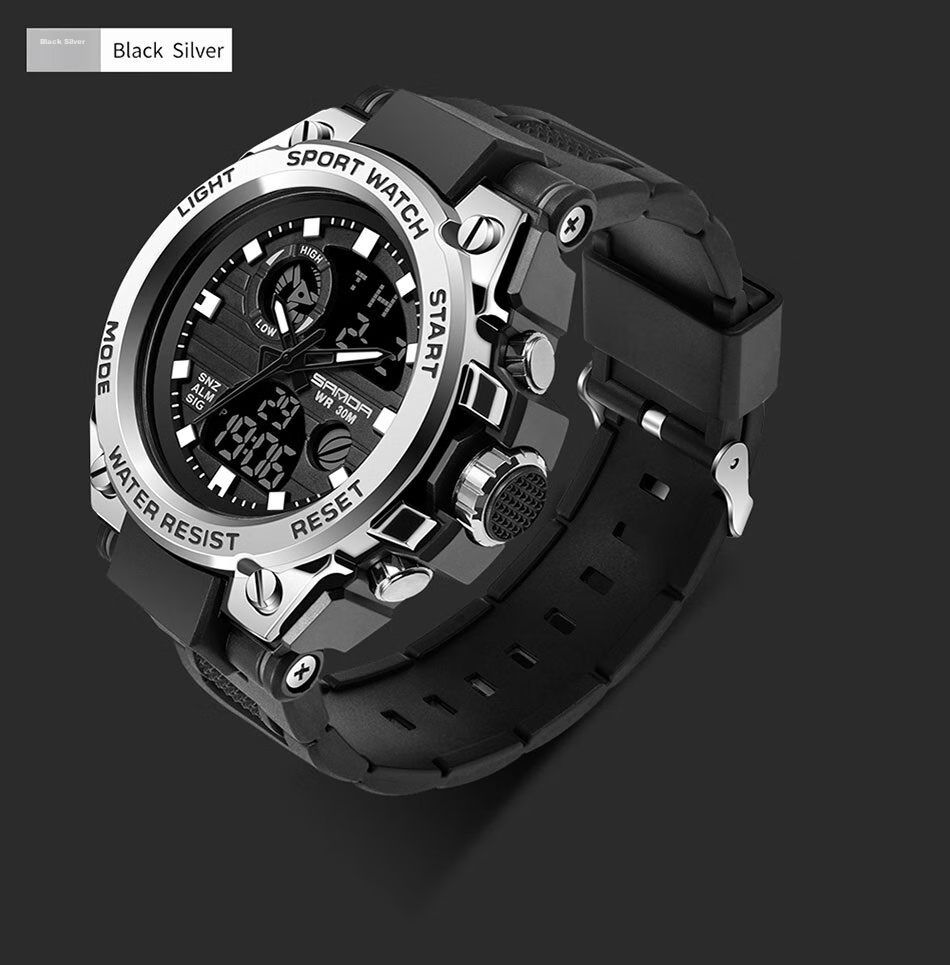 Мужские часы SANDA 739 Black Silver, спортивные электронные часы с будильником, водонепроницаемые до 30м, двойной дисплей