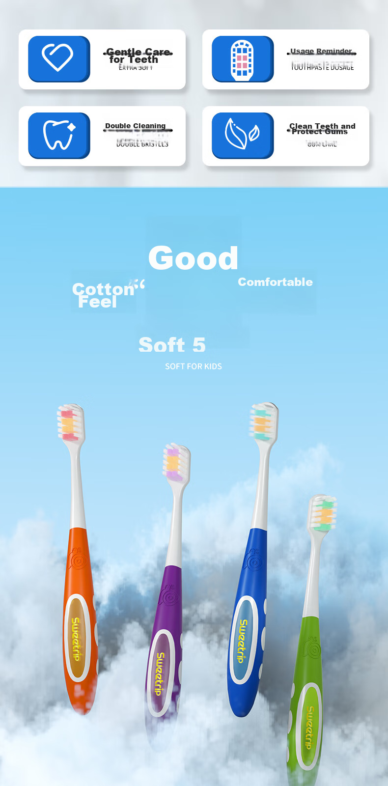 Детская зубная щетка Sweetrip для детей 6-12 лет, мягкая щетина, нескользящая широкая головка, защита десен и зубов, 4 шт.