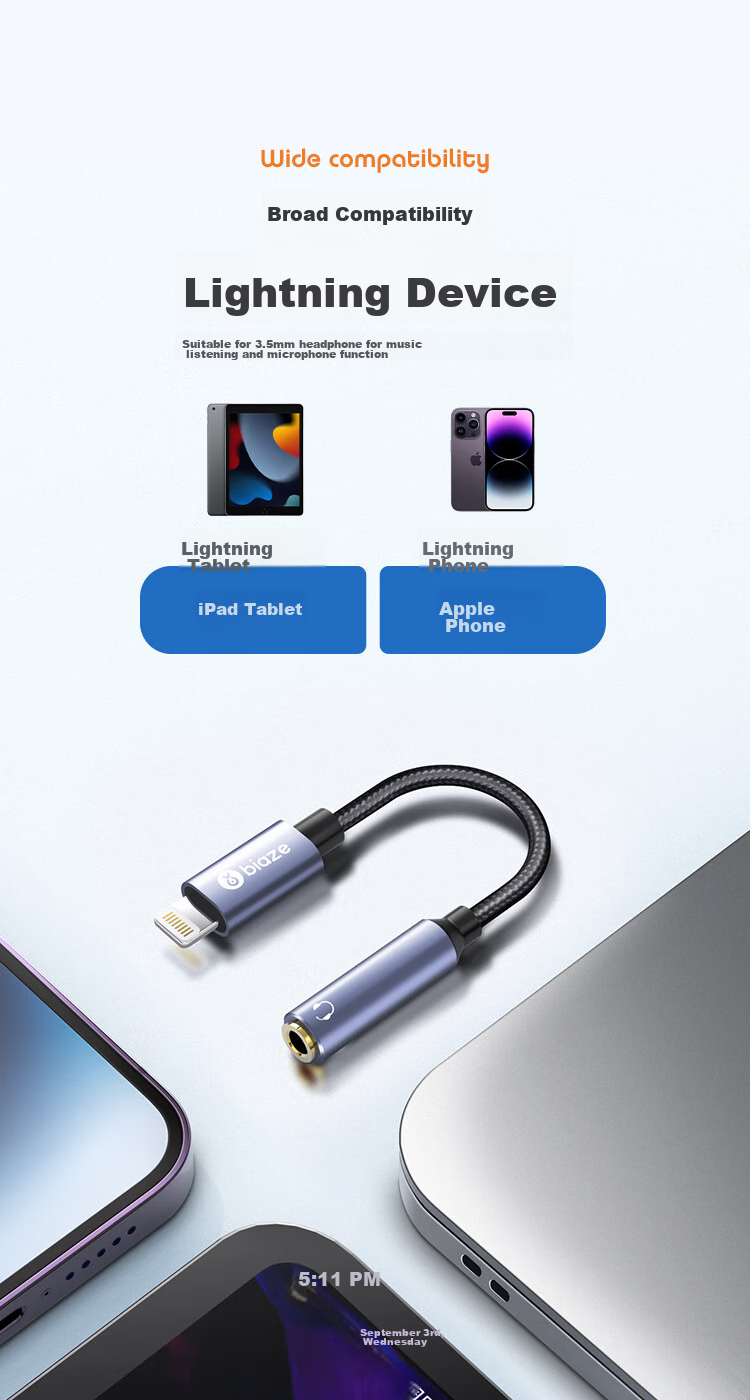 Переходник BIAZE Lightning на 3.5 мм аудио для iPhone с поддержкой микрофона, совместим с iPhone 14/13/12 Pro