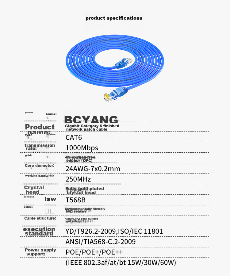 Сетевой патч-корд BOYANG CAT6, неэкранированный, Gigabit, 10 метров, синий, POE