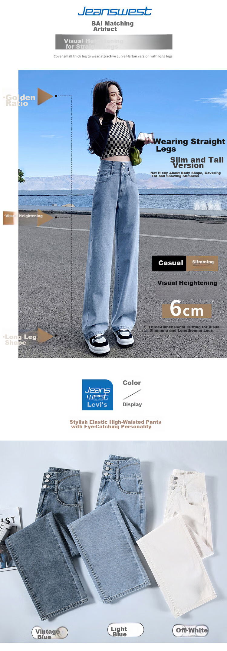 Джинсы женские JEANSWEST, модель 2025 Осень, слимминг, высокая талия, прямые, широкие, синие, размер XL