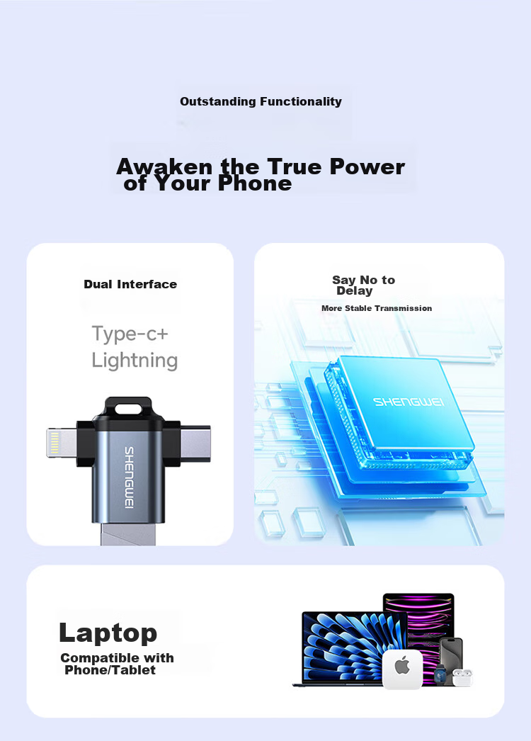 Адаптер Shengwei OTG Type-C + Lightning, USB 3.2, многофункциональный кабель данных, для подключения телефона к UDisk, кард-ридеру, клавиатуре и мыши, для Apple 15-17 Android, EDU0001J