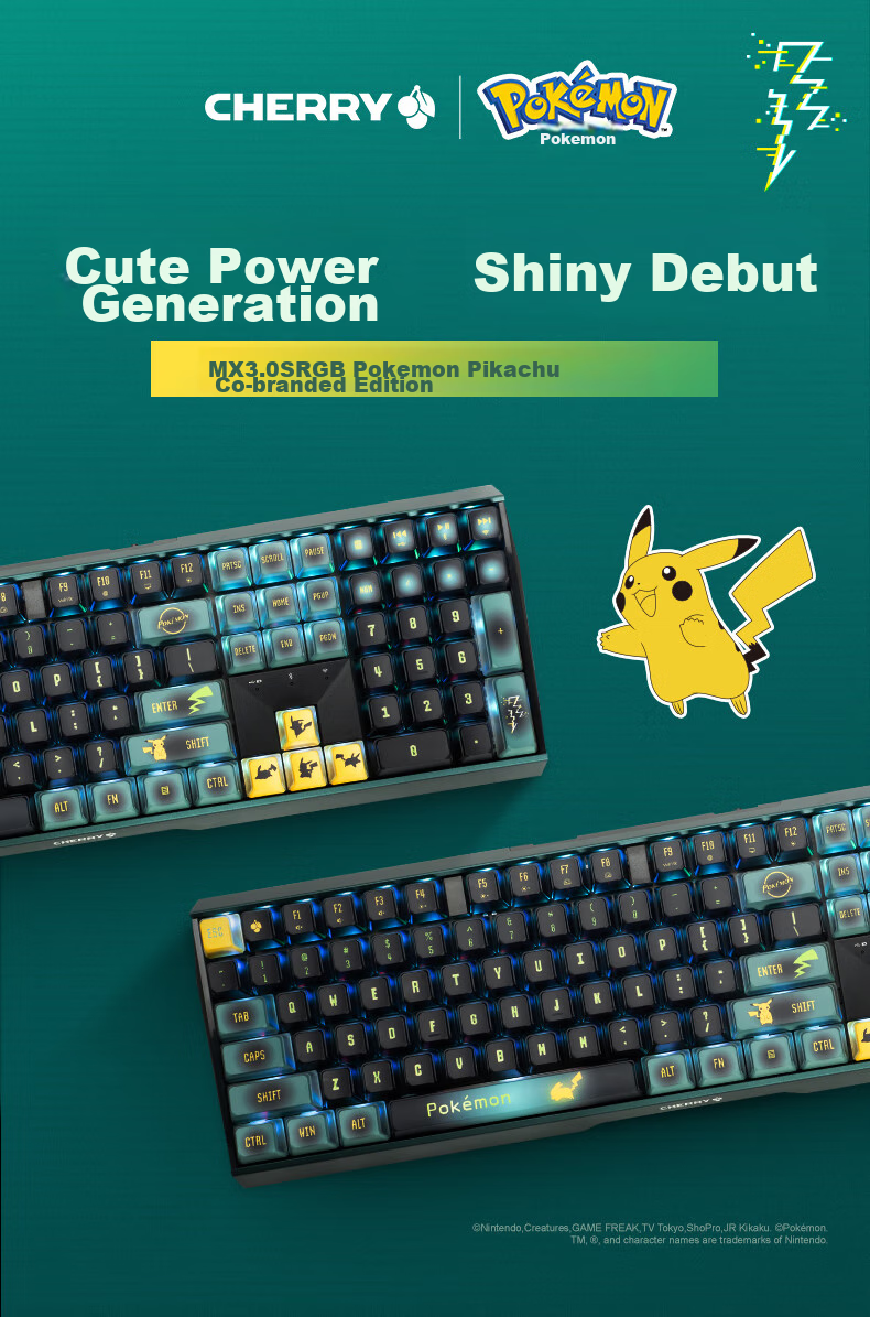 CHERRY MX3.0S Wireless Mechanical Keyboard Pikachu Co-Branded Edition, 108-клавишная игровая клавиатура, Bluetooth, трехрежимная беспроводная офисная клавиатура