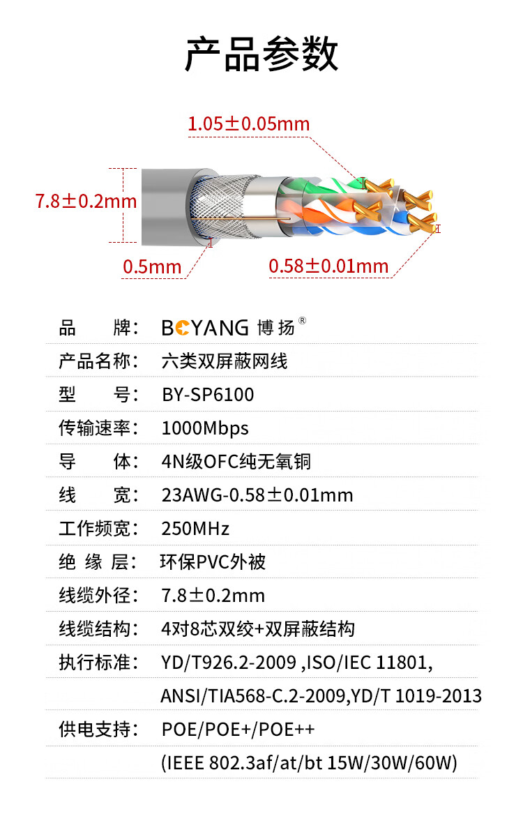 博扬（BOYANG）BY-SP6100 六类网线箱线室内双屏蔽4对双绞线 CAT6类0.58线径千兆网线POE供电监控线 100米