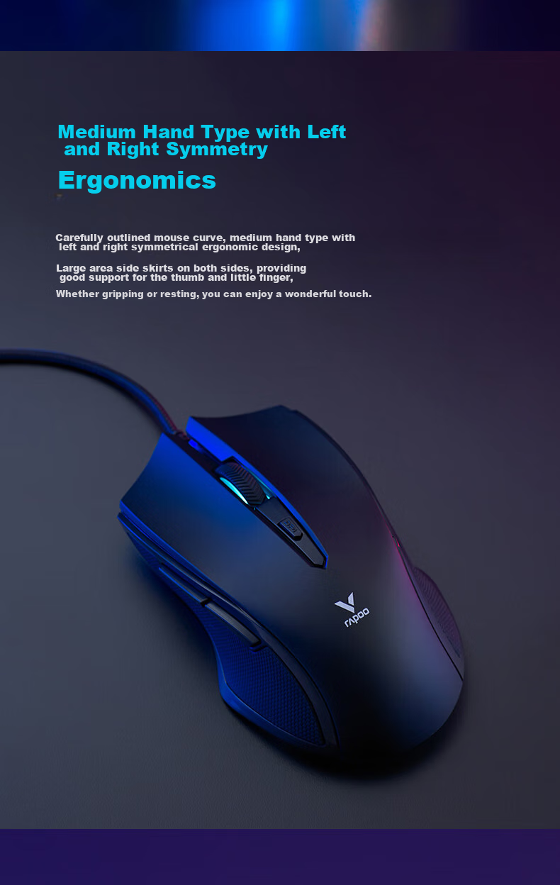 Игровая мышь Rapoo V20S проводная, 7 программируемых кнопок, эргономичная, черная