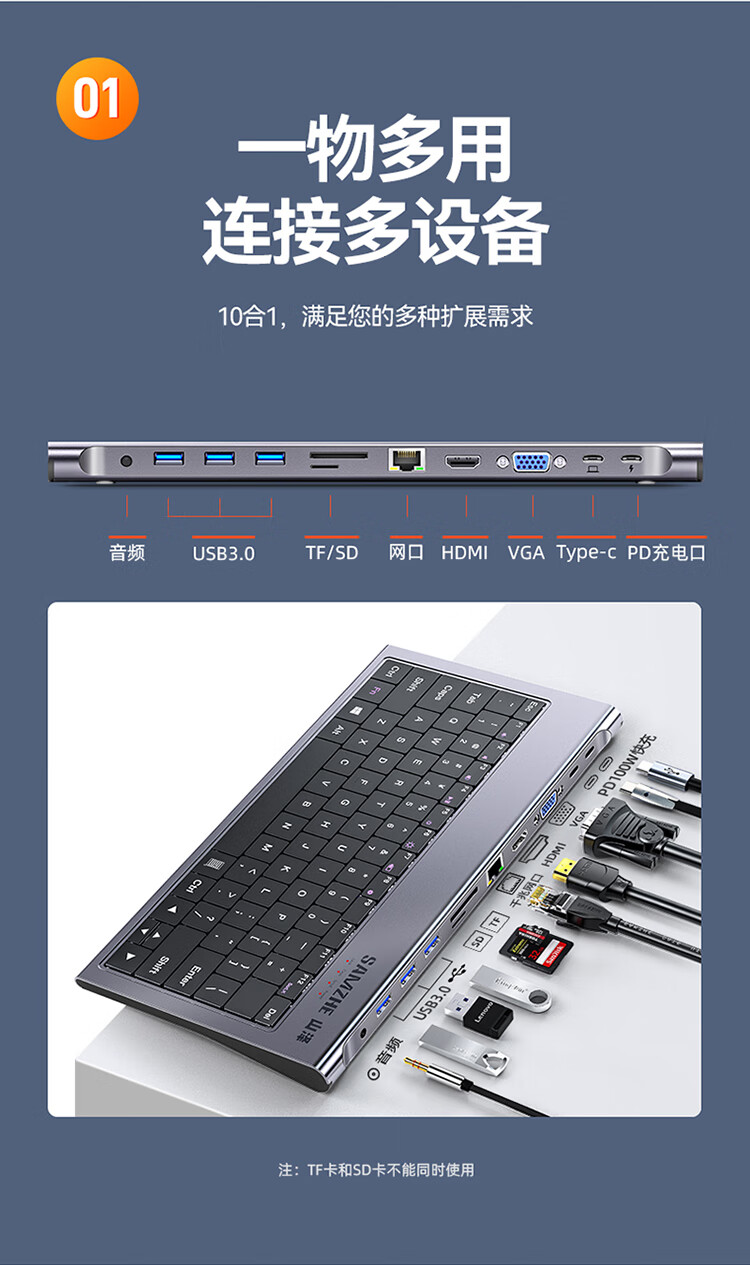 山泽(SAMZHE)Type-C键盘扩展坞surface/ipad pro华为P30手机USB-C转HDMI/VGA网口多功能拓展转换器TC-JP10