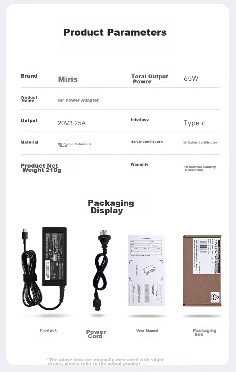 Зарядное устройство mryc HP Laptop Charger, 65W Type-C, 20V 3.25A, для ноутбуков