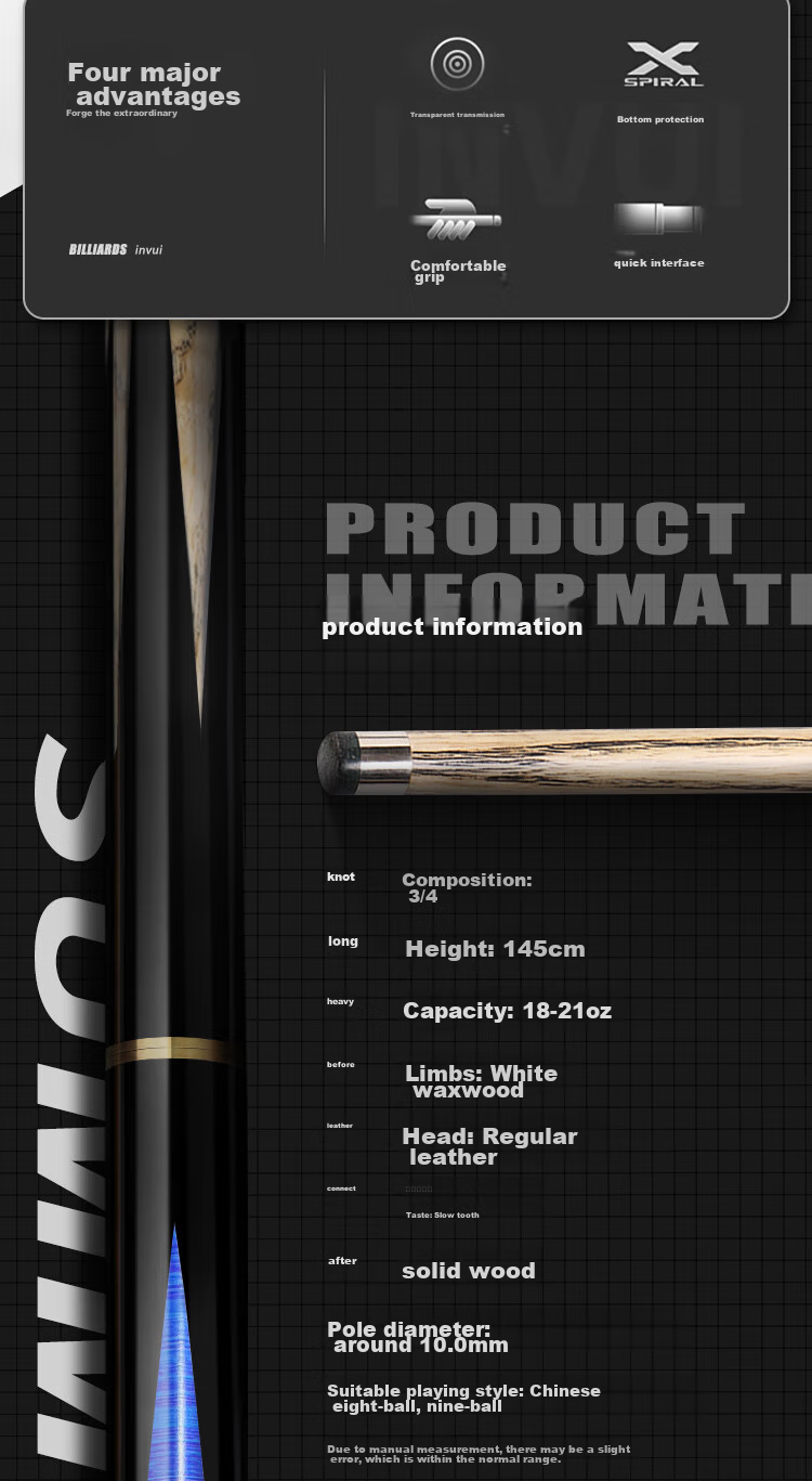 Кий для бильярда LIVEX Blue Arrow, 3/4, 145 см, 18-21 унций, с аксессуарами