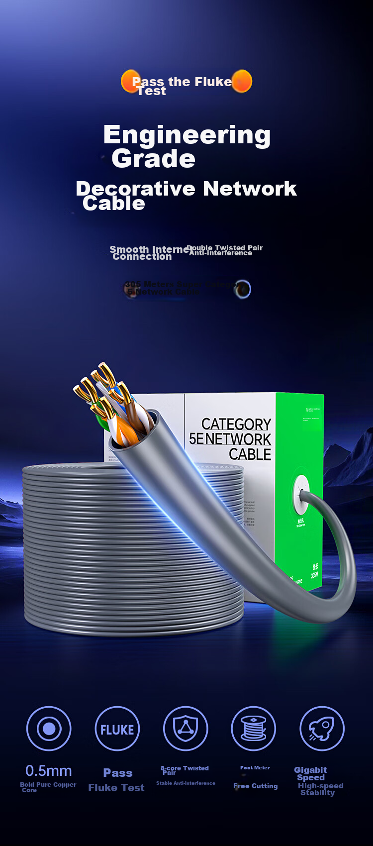 Сетевой кабель BIAZE Cat5e Gigabit неэкранированный витая пара, 0.5 мм чистая медная жила, POE, для инженерии и домашней проводки, серый, 100 метров