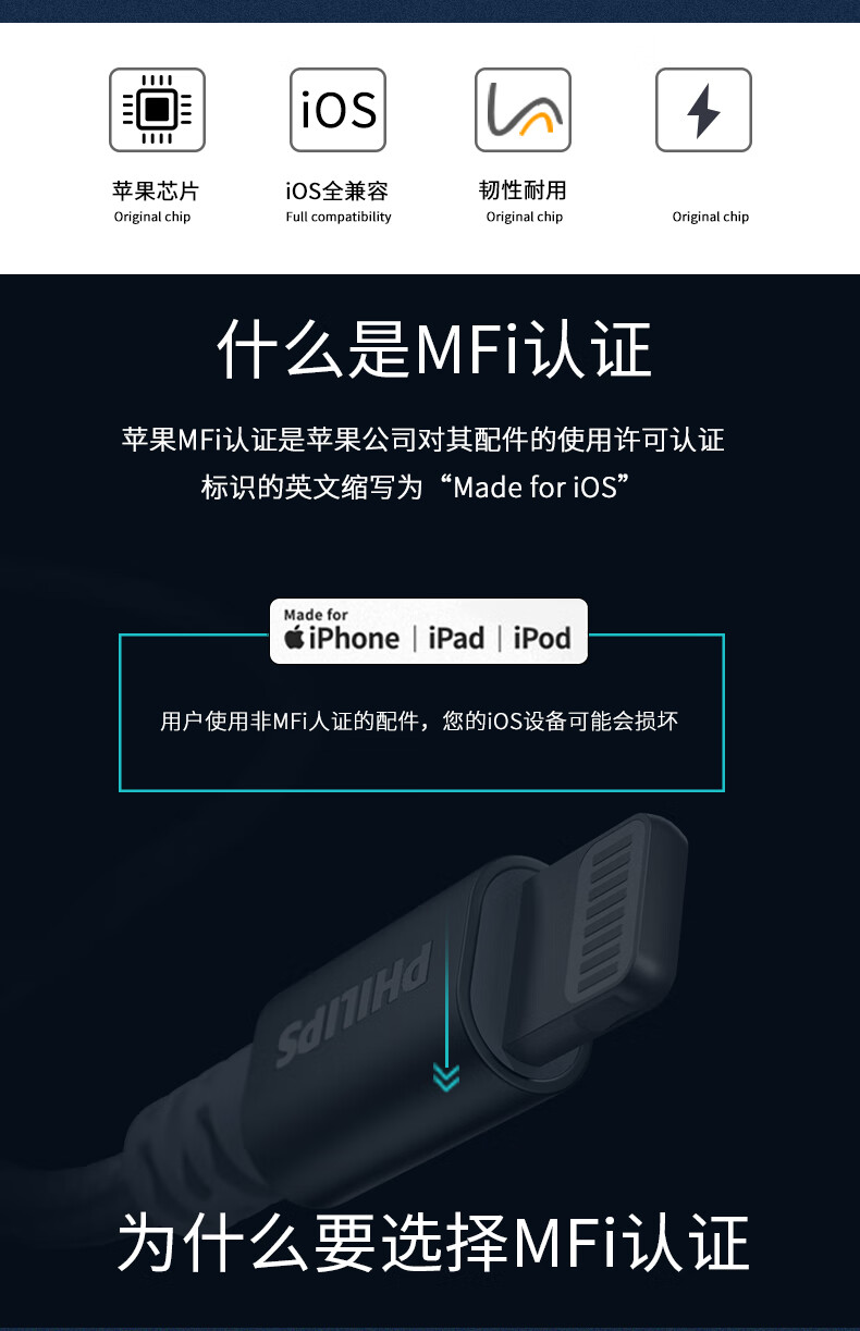 飞利浦 MFi认证 苹果数据线iphone13/12/11/X/SE2/8/7Plus/ipad充电线手机USB充电器电源线1.8米 1519W