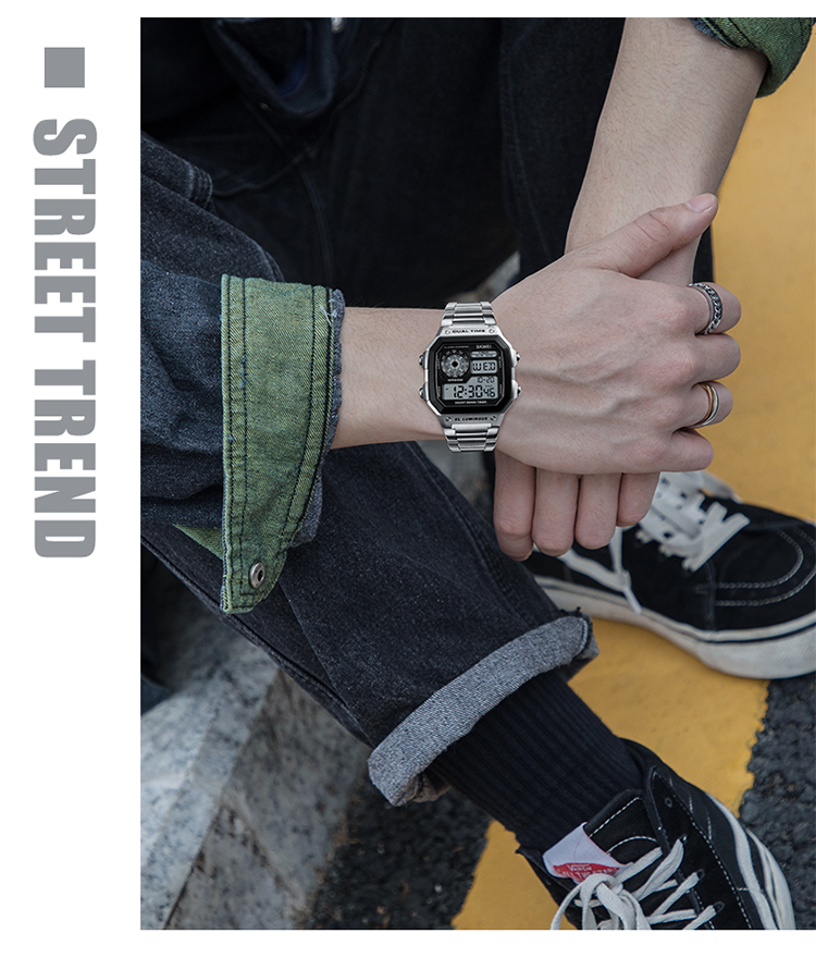 Skmei Student Watch Square High-End for Middle And High School Students, Waterproof Alarm Clock Sports Steel Band Electronic Watch for Men 1335