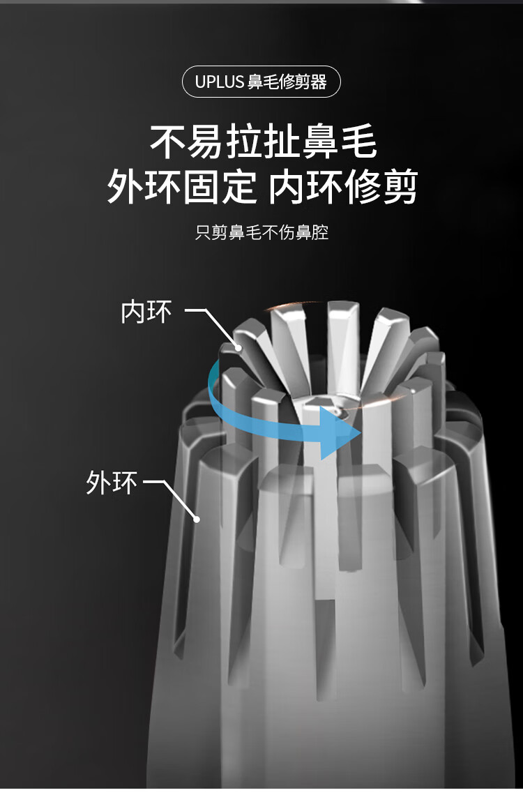 优家UPLUS 不锈钢鼻毛修剪器便携手动男士鼻毛剪水洗圆头剪美容剪铁盒