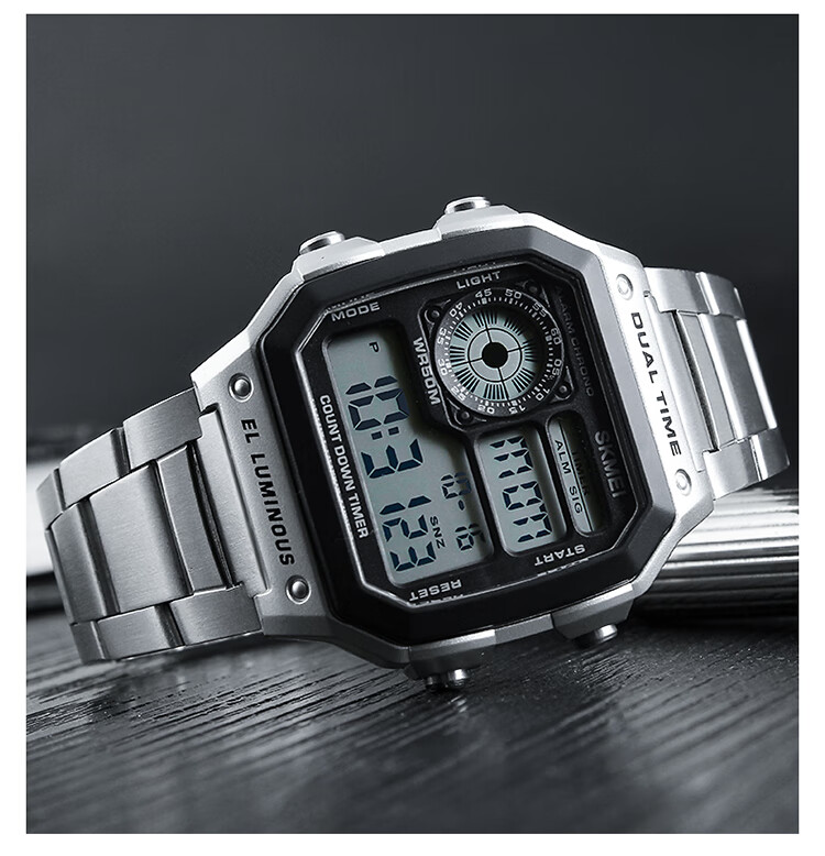 Skmei Student Watch Square High-End for Middle And High School Students, Waterproof Alarm Clock Sports Steel Band Electronic Watch for Men 1335
