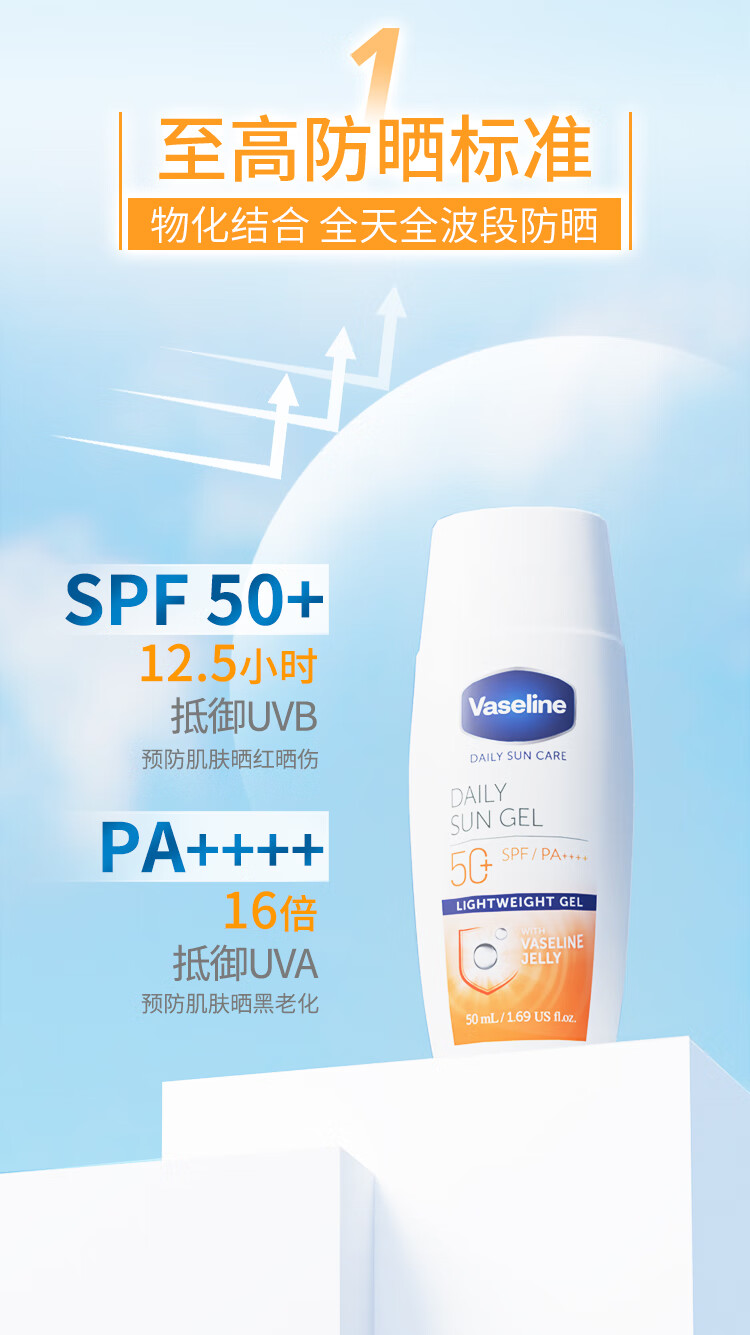 凡士林（Vaseline）晶冻修护防晒水50ml SPF50+ PA++++ 清透水感长效防晒 提亮保湿 