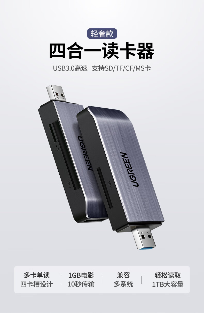 绿联（UGREEN）USB3.0高速读卡器 多功能合一读卡器 支持SD/TF/CF/MS型手机相机内存卡记录仪存储卡50540