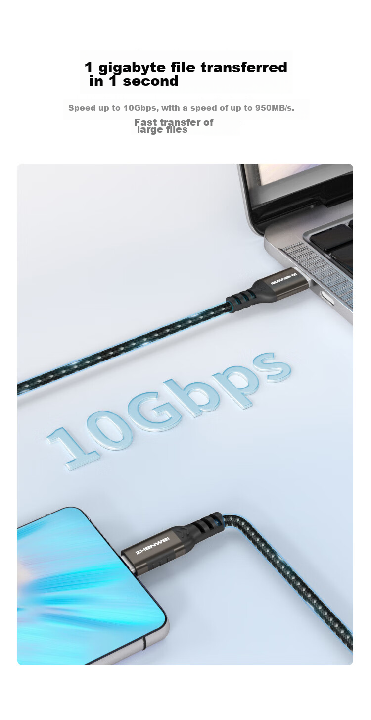 Кабель ZHENWEI USB 3.2 Type-C, 3 метра, 10 Гбит/с, 3А, для Apple, Huawei, Xiaomi