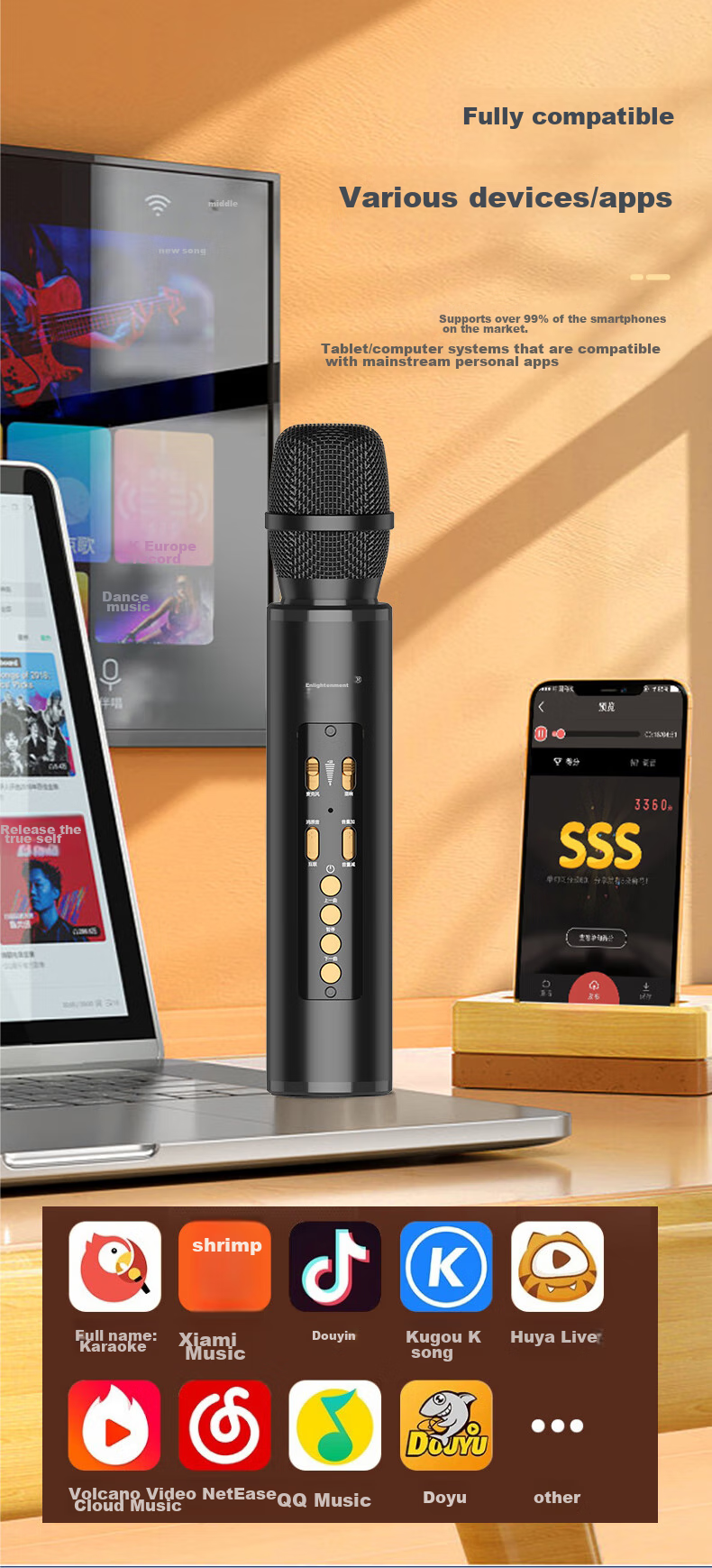 Soaiy MC67 - портативный микрофон-колонка для караоке, с Bluetooth, встроенной звуковой картой, подходит для смартфонов, планшетов и ТВ