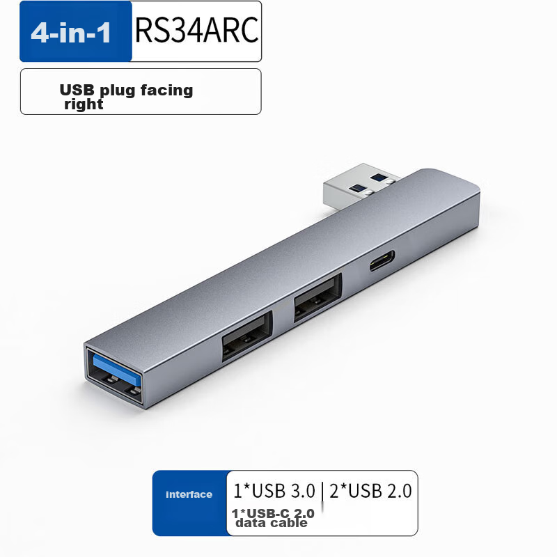 USB-хаб Youlianxing YLX-34ARC, 4 порта, USB 2.0, USB 3.0, Type-C, алюминиевый сплав, серый