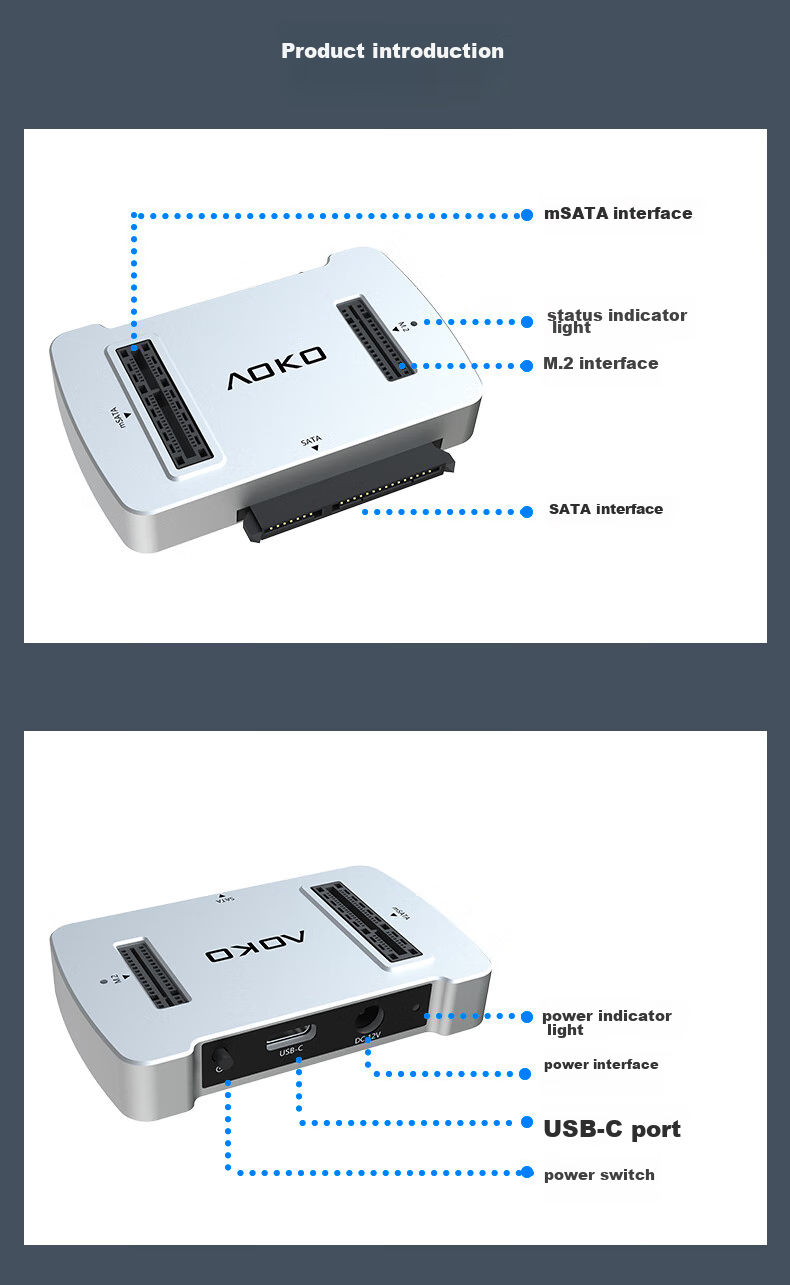 AOKO AM10SL - док-станция для SSD M.2/SATA/NVMe, mSATA, 2.5/3.5" SATA, USB Type-C, алюминий, серебристый