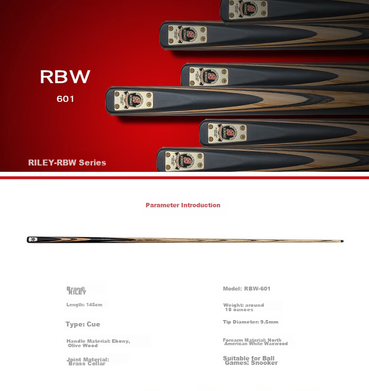Кий для бильярда RILEY RBW-601, с маленьким наконечником для снукера, для американского пула, черный, 9.5