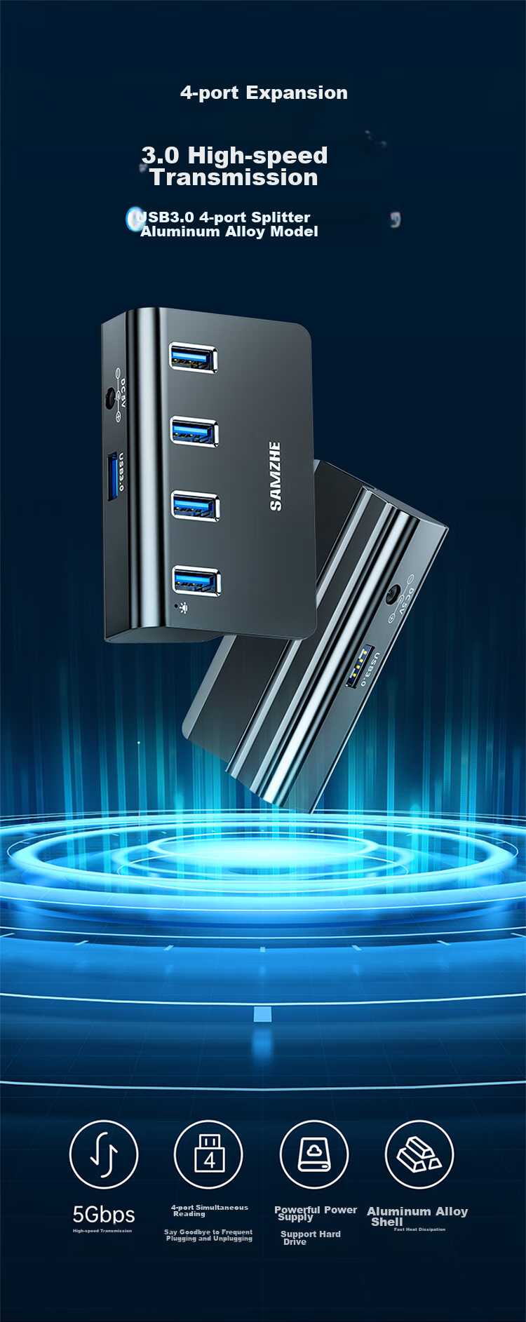 USB-концентратор SAMZHE JXQ-H04, 4 порта USB 3.0, алюминиевый сплав, высокоскоростной