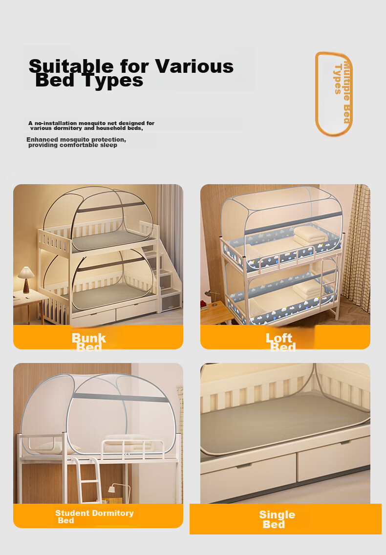 Mosquito net cottonfaith, no installation, student dormitory yurt-style bed with guardrail, suitable for bunk beds, 0.9*1.9 meters, minimalist gray