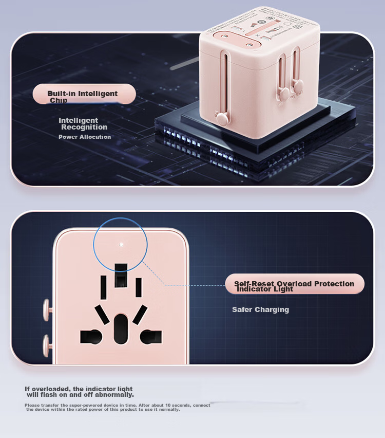 Универсальный переходник-адаптер BULL GN-L10U20 20W с USB-портами (1A1C), розовый, для путешествий, с защитой от высокой мощности