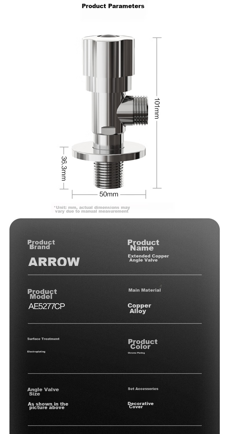 Угловой вентиль ARROW AE5277CP, для горячей и холодной воды, 1/2 дюйма, латунный корпус, хром