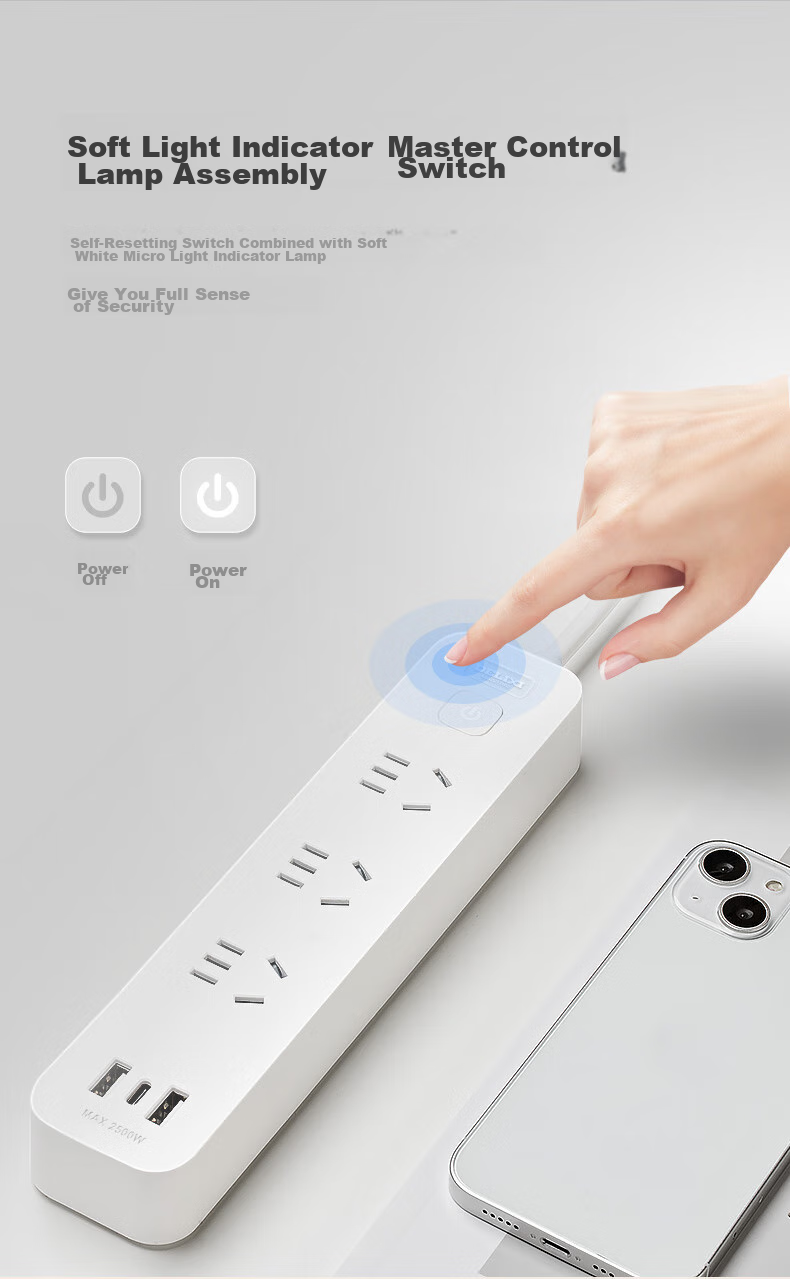 Сетевой фильтр DELIXI с USB-портами, 2 розетки, 1 USB Type-C, 1.8 метра, белый