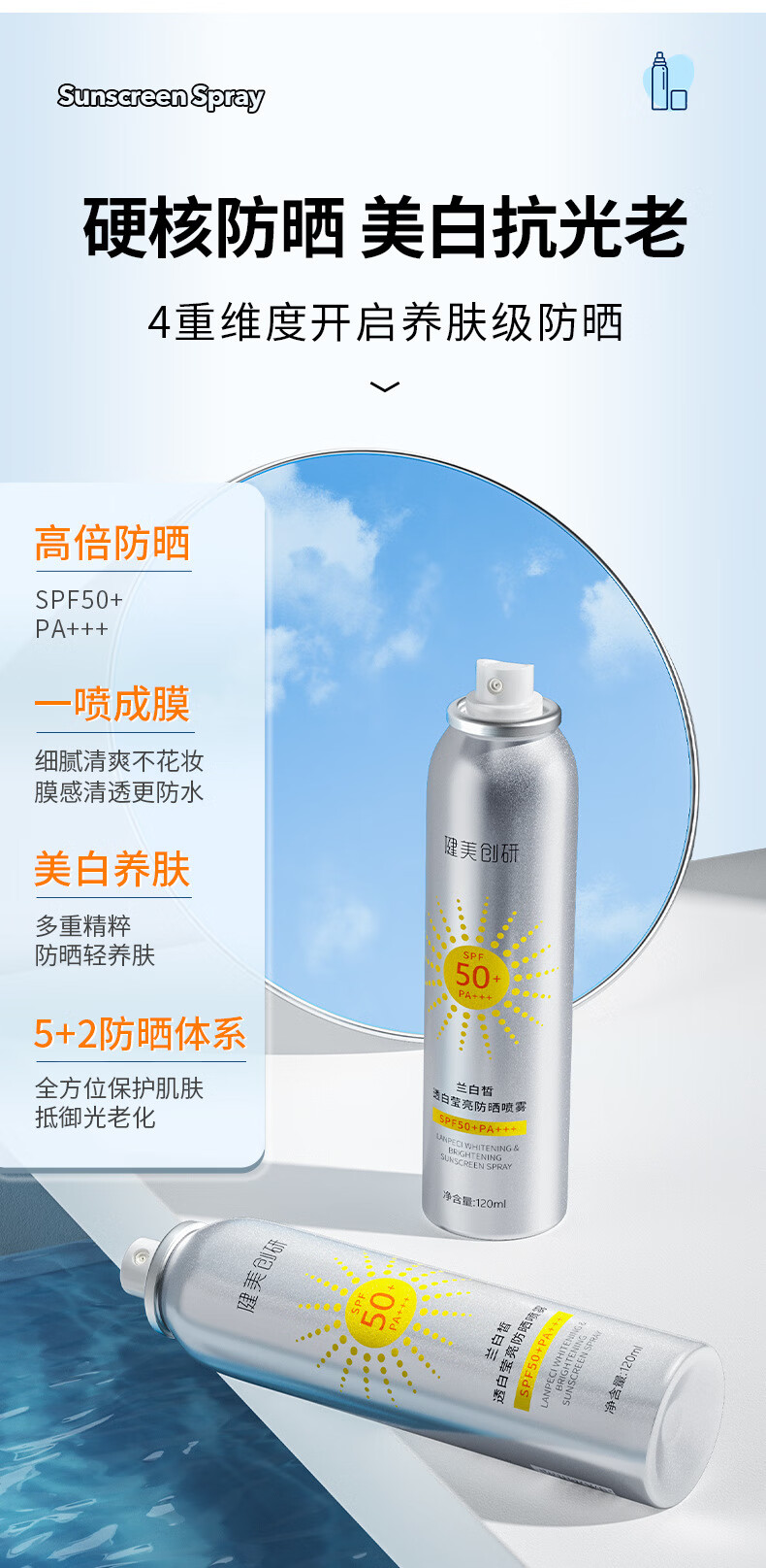 健美创研（M'AYCREATE） 防晒喷雾120ml+美白防晒霜50g套装 防晒乳脸部隔离霜男女