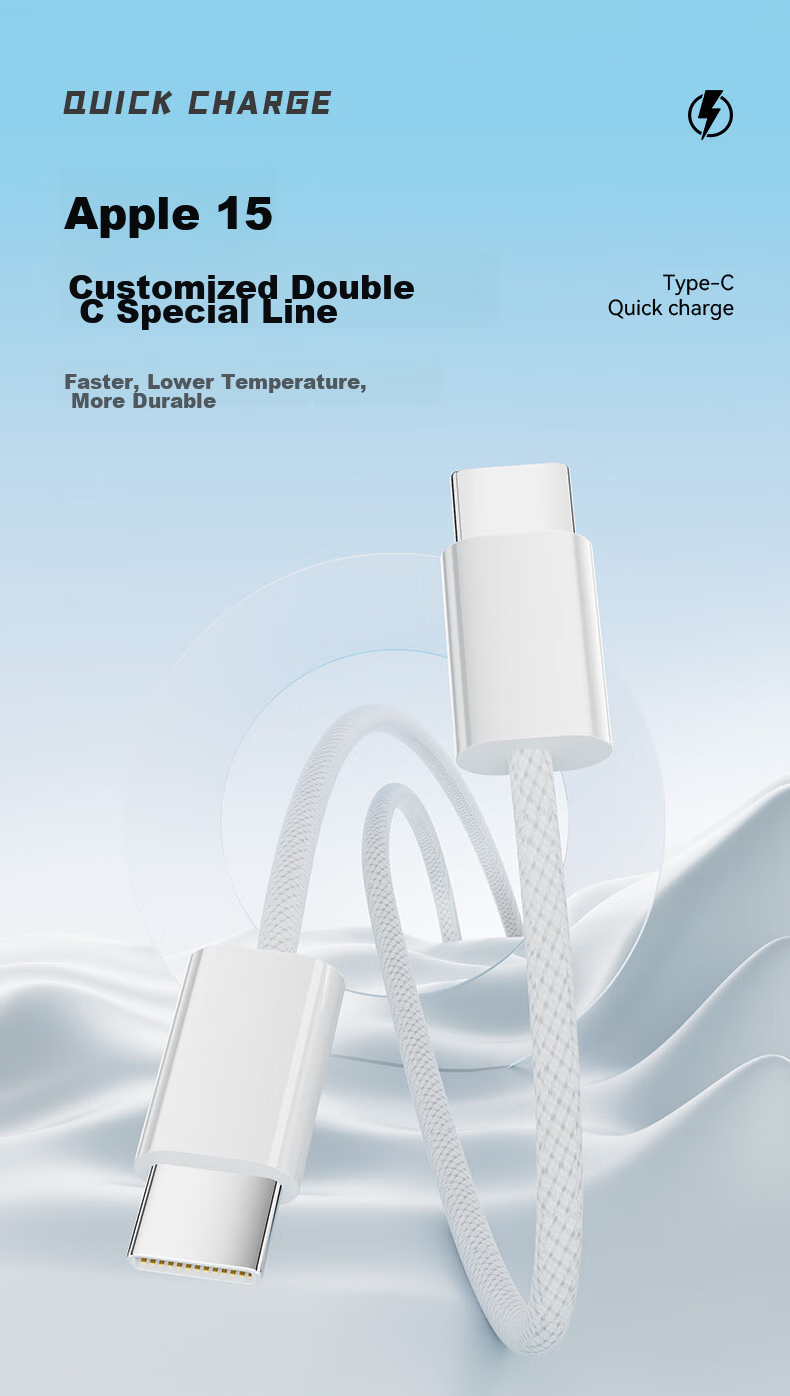 Кабель OKSJ Type-C to Type-C, 1.5 метра, 60W, для быстрой зарядки iPhone 15/16/17, iPad, ноутбуков, двухжильный плетеный, белый