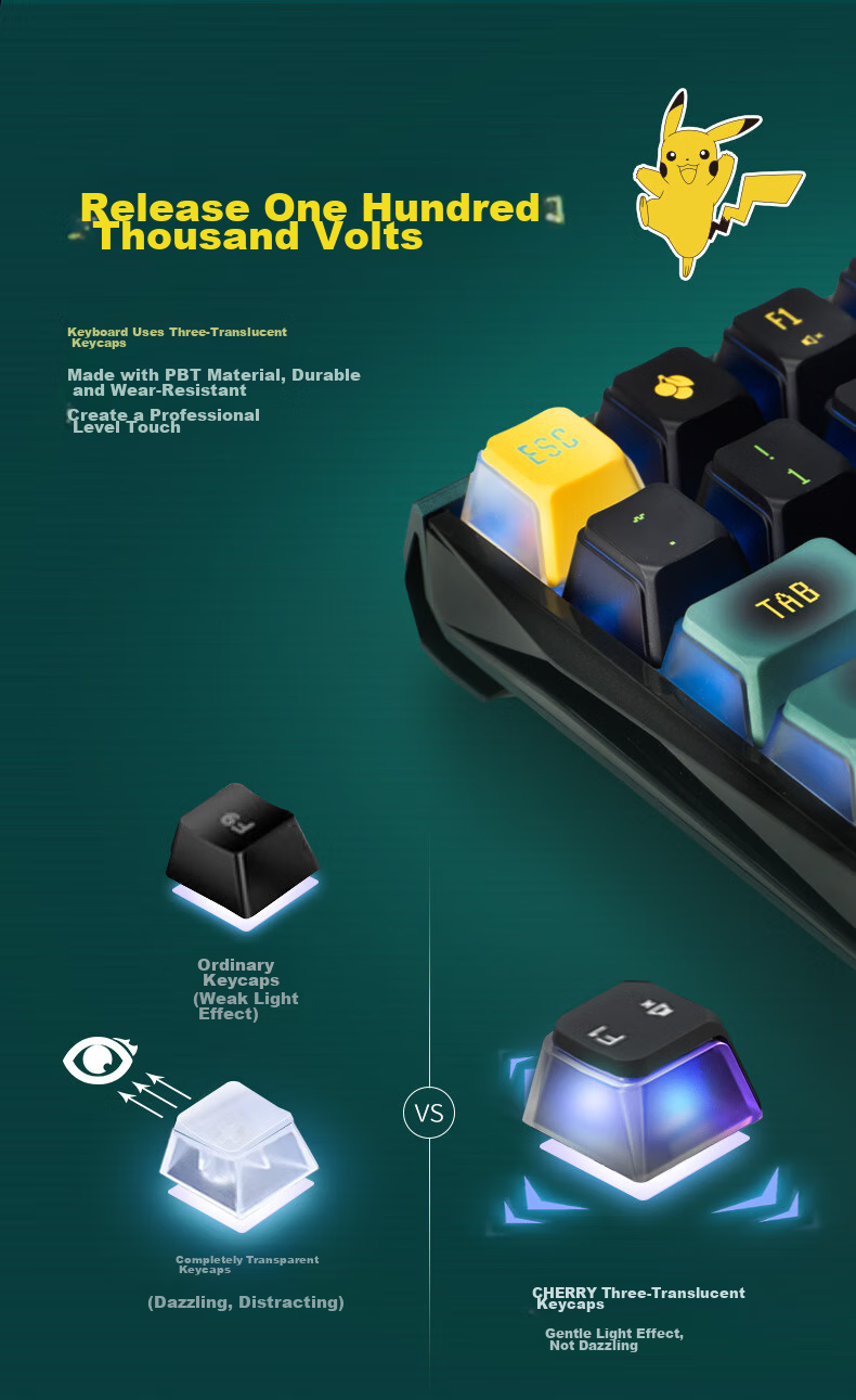 CHERRY MX3.0S Wireless Mechanical Keyboard Pikachu Co-Branded Edition, 108-клавишная игровая клавиатура, Bluetooth, трехрежимная беспроводная офисная клавиатура