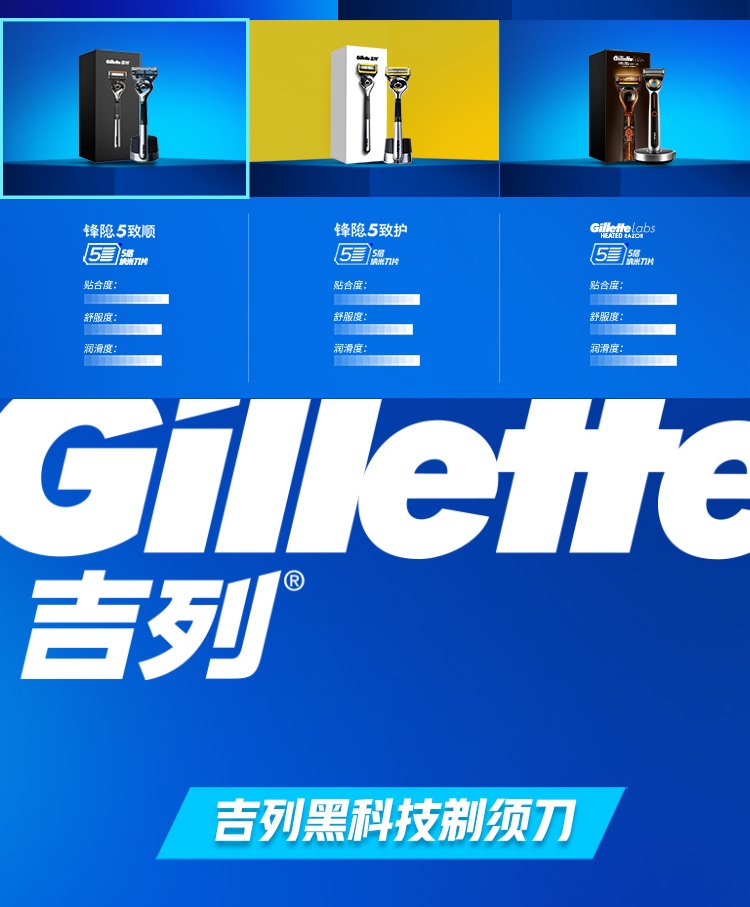吉列剃须刀手动刮胡刀5层锋隐致顺引力盒1刀架5刀头+底座