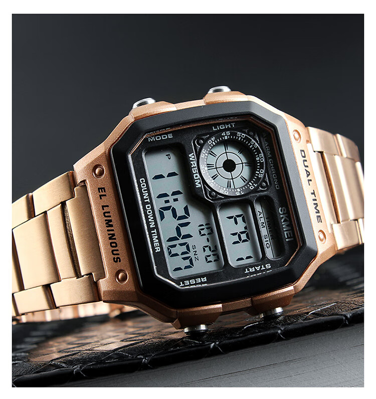 Skmei Student Watch Square High-End for Middle And High School Students, Waterproof Alarm Clock Sports Steel Band Electronic Watch for Men 1335