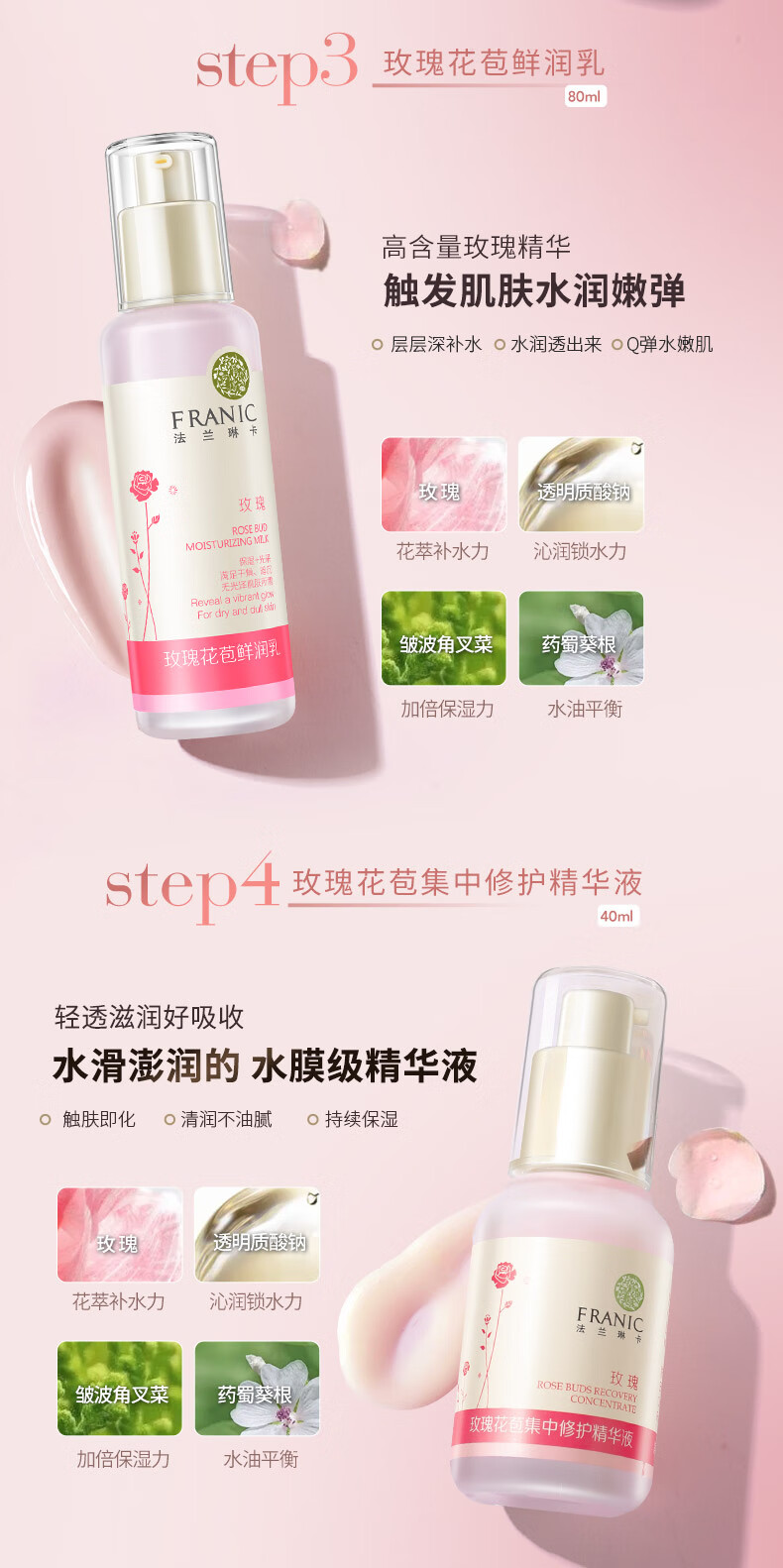 法兰琳卡（FRANIC） 玫瑰花苞水护肤品套装鲜润补水保湿提亮肤色女生新年礼物 礼盒（洁面+水+乳液+精华+眼霜）