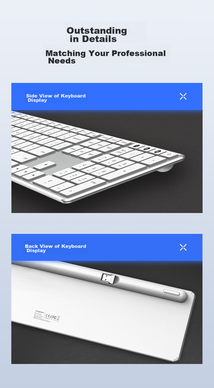 Беспроводная Bluetooth-клавиатура AUSDOM Sofkeys4, ультратонкая, металлическая, перезаряжаемая, 110 клавиш, белая