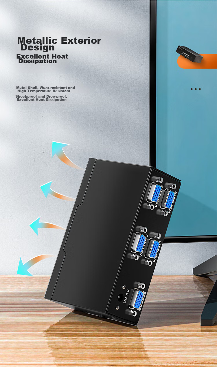 Разветвитель VGA SAMZHE HV-802W, 1 вход / 2 выхода, 250 МГц, поддержка HD 1080P, металлический корпус, черный