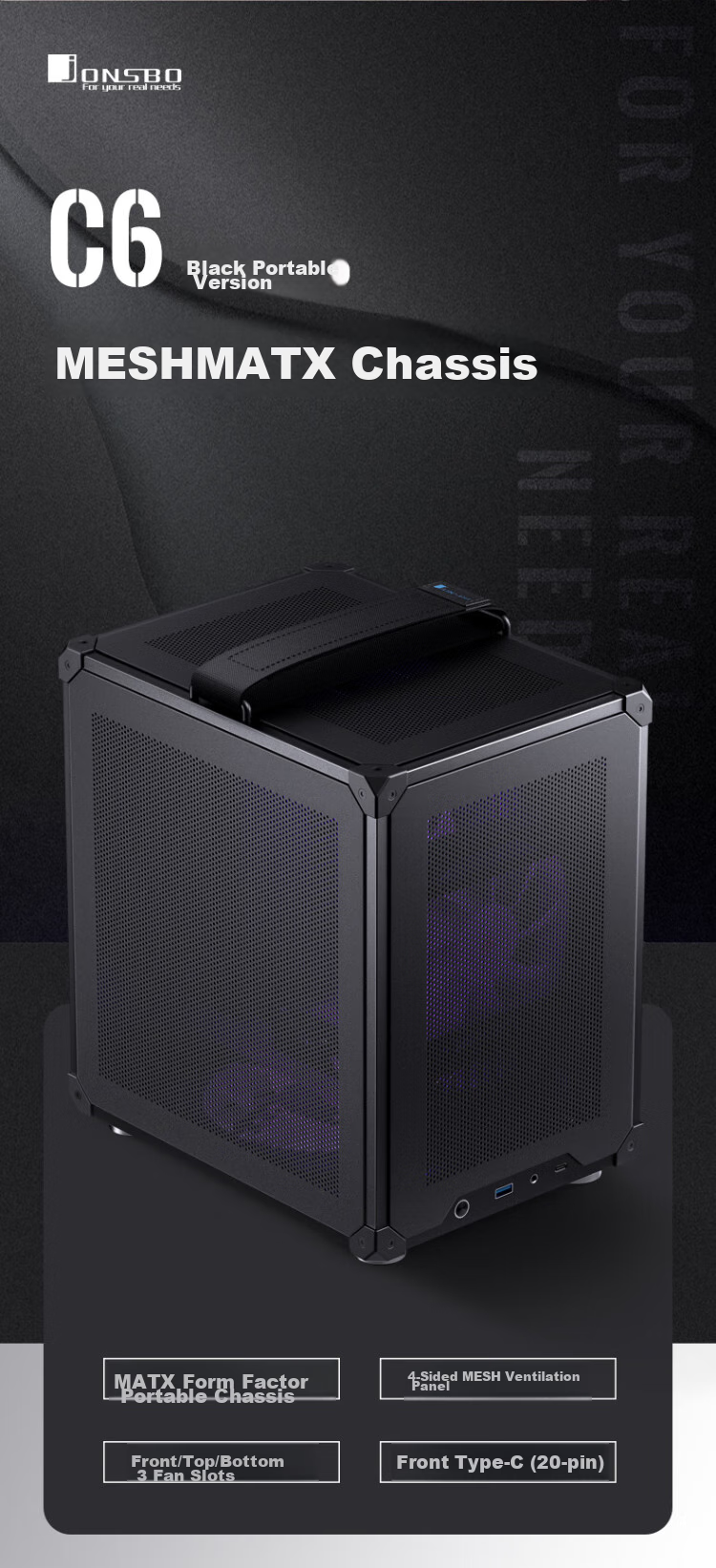 Корпус JONSBO C6 Handle Version Black MATX, черный, M-ATX, Mini-ITX, ATX блок питания, до 75 мм кулер, до 255 мм видеокарта