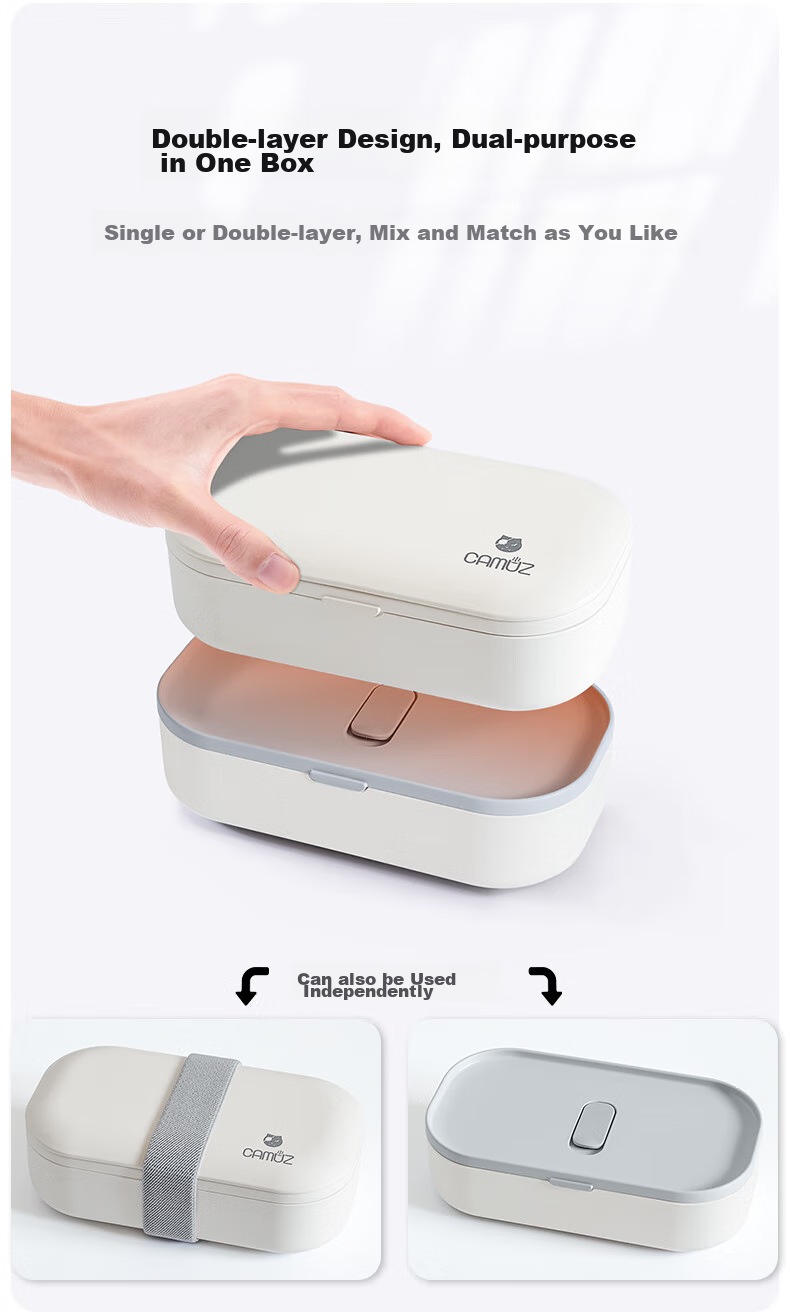Ланч-бокс CAMUZ Bamboo Fiber Pro, двухслойный, 1200 мл, белый с черной сумкой, с палочками и ложкой, японский стиль, подходит для СВЧ