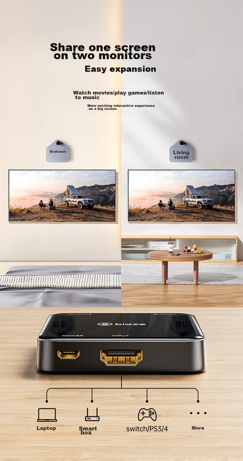 HDMI сплиттер BIAZE 1x2, 4K HD, для подключения ноутбука, ТВ-приставки к монитору или проектору, зеркальное отображение экрана