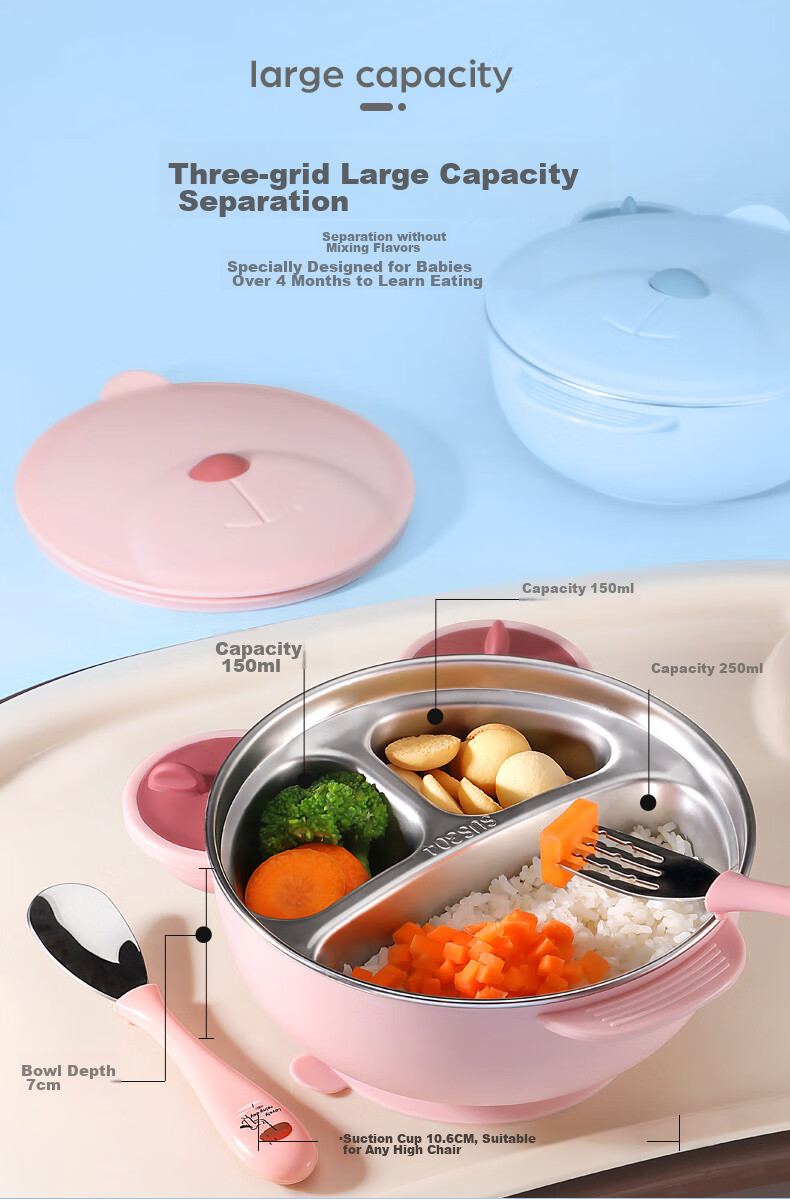 Детская тарелка COOKSS, 316 нержавеющая сталь, с присоской, для кормления младенцев, с вилкой и ложкой, 550 мл, голубой