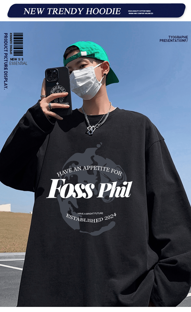 Футболка с длинным рукавом Foss Phil из чистого хлопка для мужчин, трендовая повседневная футболка оверсайз на осень, унисекс, с круглым вырезом, FPCT3, черная, XL