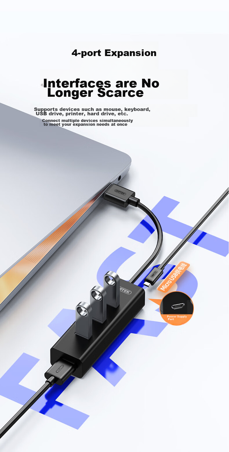 USB-хаб UNITEK Y-3089ABK, 4 порта USB 3.0, кабель 1.2 м, черный