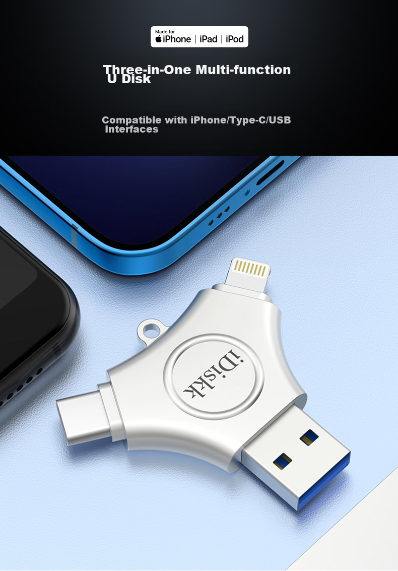 Флеш-накопитель iDiskk U030 64 ГБ MFi Certified, 3-в-1 USB Type-C Lightning, для iPhone, Android, Apple, резервное копирование фото