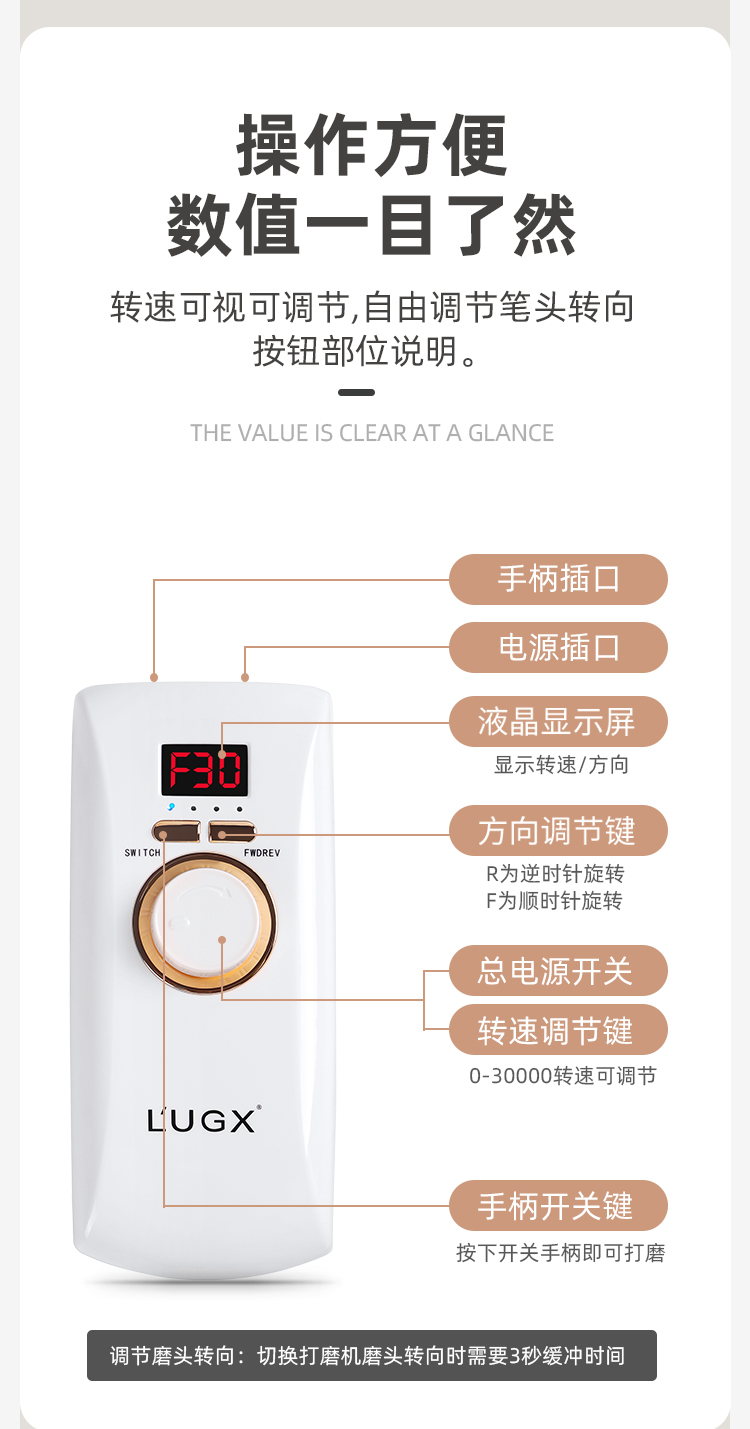 L’UGX 美甲打磨机 充电便携式电动小型指甲卸甲器去死皮专业美甲工具 官配（陶瓷玉米头+打磨头7件套）