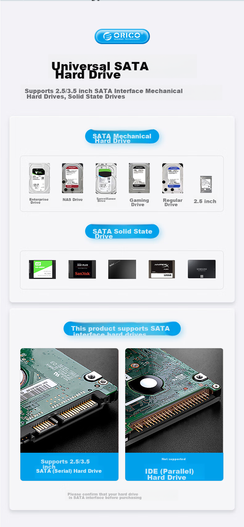 Внешний корпус ORICO 6819C3 для HDD/SSD 2.5/3.5 дюйма SATA, Type-C 3.2 Gen2 (10Gbps), черный