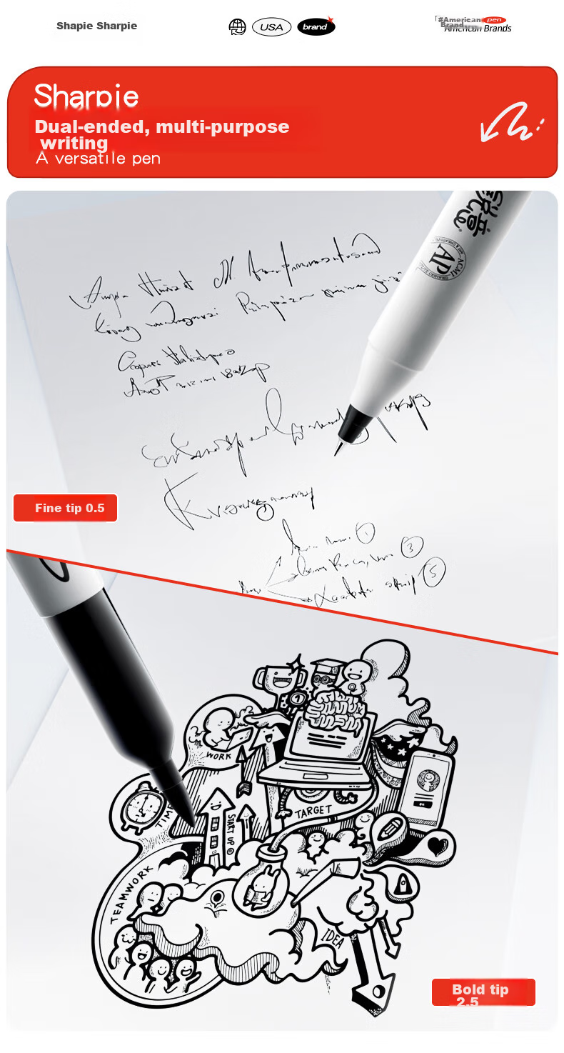 Маркер Sharpie Dual-Tip Fine 0.5мм, Широкий 2.5мм, Черный, на Масляной основе, водостойкий, быстросохнущий, для маркировки, плакатов, росписи, акварельных работ, обучения